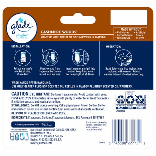 Glade® PlugIns® Cashmere Woods Scented Oil Refills Perspective: back