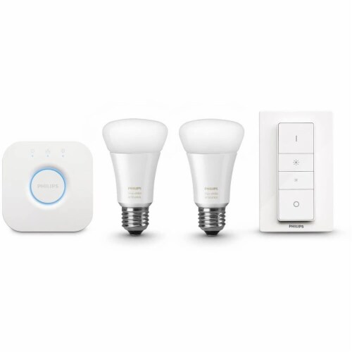Hue 464776 White Ambiance Starter Kit(2 A19 Bulbs, Hub Bridge, and Dimmer Switch) Perspective: back