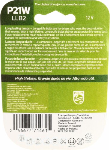 Philips Automotive Lighting P21W LongerLife Miniature Bulb, 2 Pack,White,12498LLB2
