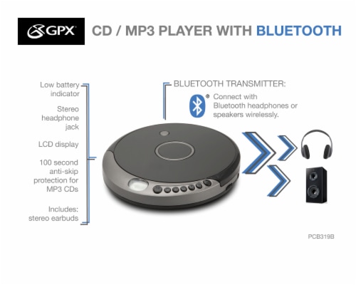 GPX Portable CD Player with Bluetooth PCB319B - Gray Perspective: back