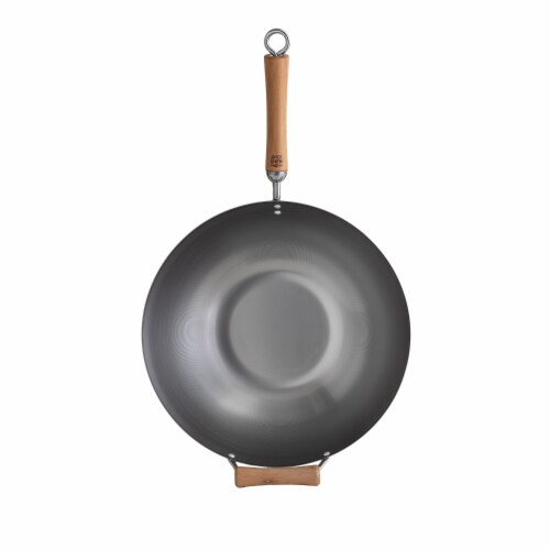 Joyce Chen Classic Series 14in Uncoated Carbon Steel Flat Bottom Wok Set Perspective: back