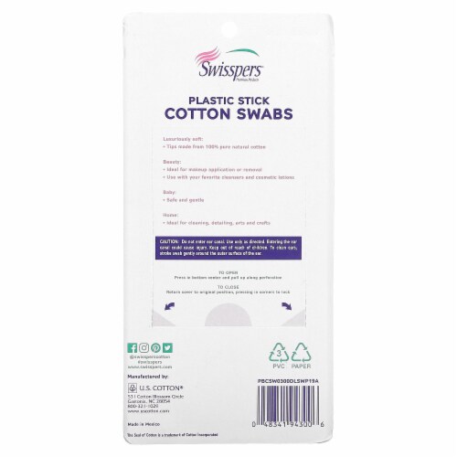 Swisspers® Cotton Swabs 100% Cotton Double-Tipped White Plastic Sticks Perspective: back