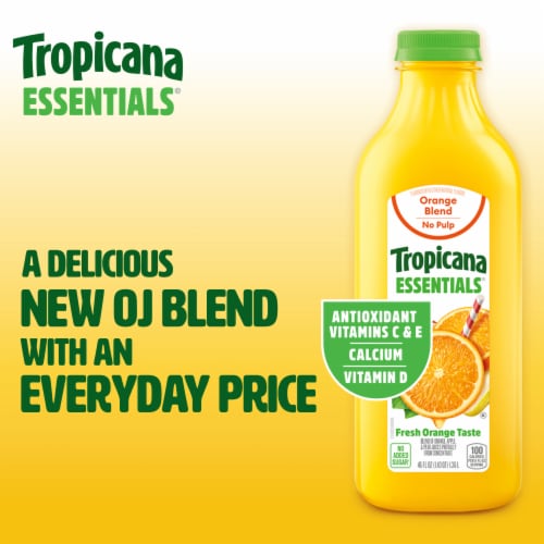 Tropicana Essentials Flavored Orange Juice Beverage Blend With Other Fruit, No Pulp 46 fl oz Bottle Perspective: back