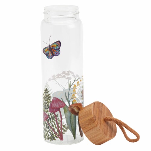Tabletops Unlimited Enchanted Forest Glass Water Bottle With Bamboo Lid 32 oz Perspective: back