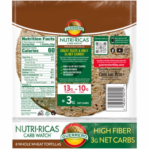Guerrero Nutri-Ricas Carb Watch Whole Wheat Tortillas Perspective: back