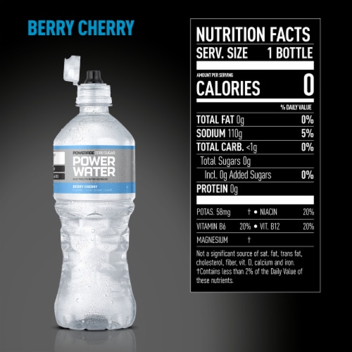 Powerade Zero Sugar Power Water Berry Cherry No Sugar Added Electrolyte & Vitamin Sports Drink Perspective: back