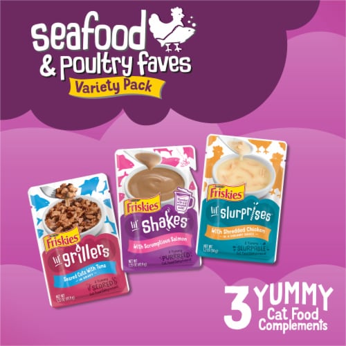 Friskies Lil Complements Variety Pack Lickable Gravy Cat Food Topper Seafood and Poultry Perspective: back