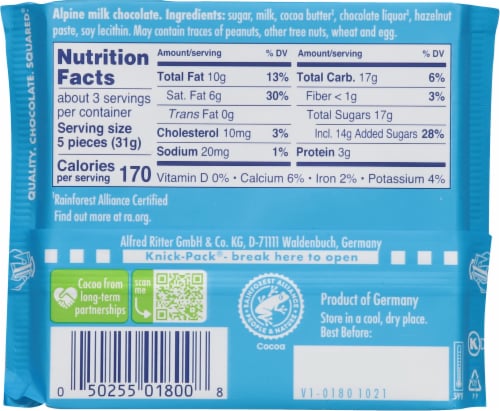Ritter Sport Alpine Milk Chocolate Bar Perspective: back