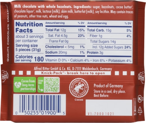 Ritter Sport Milk Chocolate with Whole Hazelnuts Candy Bar Perspective: back