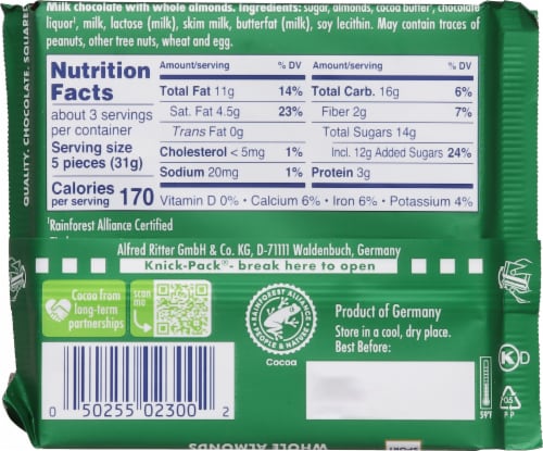 Ritter Sport Milk Chocolate With Whole Almonds Perspective: back