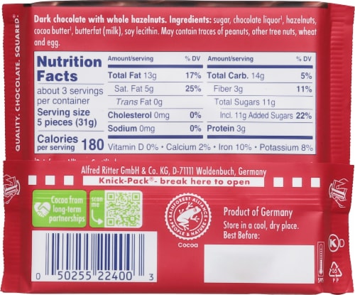 Ritter Sport Dark Chocolate With Whole Hazelnuts Candy Bar Perspective: back