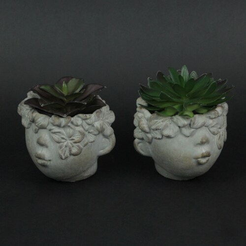 Set of 2 Pucker Up Concrete Head Kissing Face Mini Decorative Planter Pots 3.75 Inches Tall Perspective: back