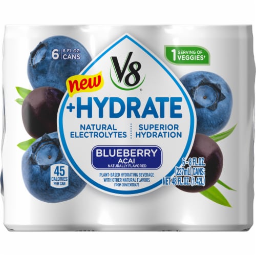 V8 +Hydrate Blueberry Acai Plant Based Hydrating Beverage 6 Cans Perspective: back