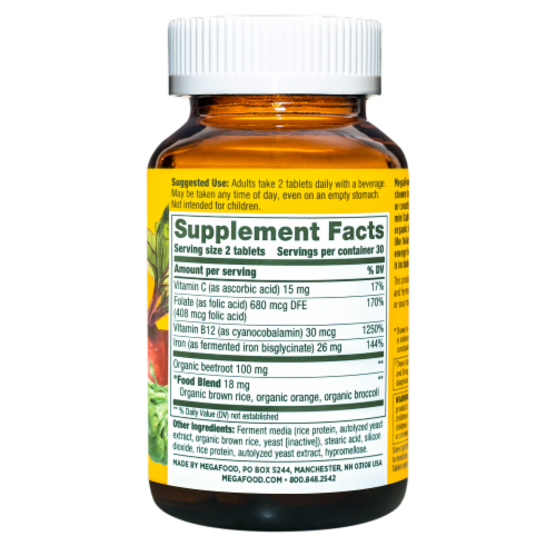 MegaFood® Blood Builder® Minis Iron Tablets Perspective: back