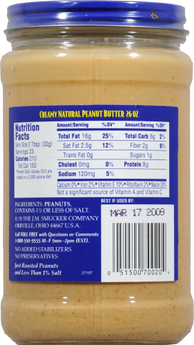 Adam's 100% Natural Creamy Peanut Butter Perspective: back