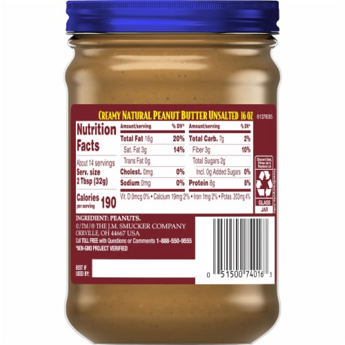 Adam's Unsalted 100% Natural Creamy Peanut Butter Spread Perspective: back