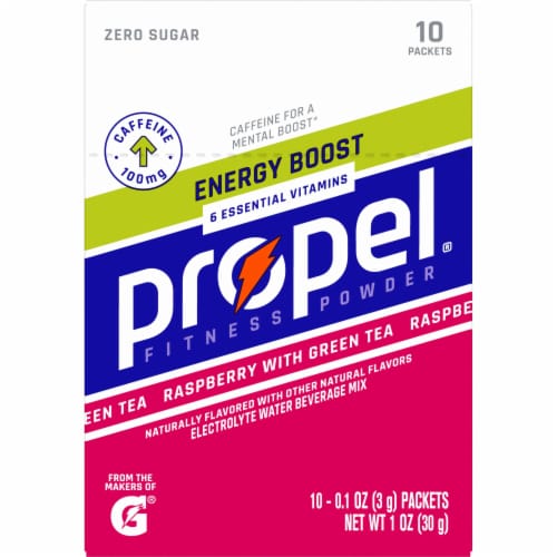 Propel Energy Boost Zero Sugar Electrolyte Water Beverage Mix Raspberry with Green Tea Perspective: back