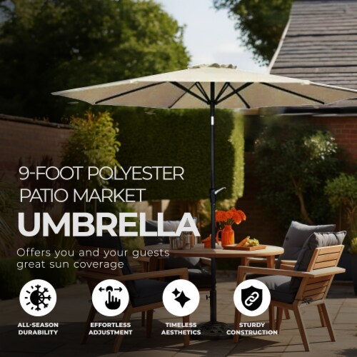 Four Seasons Courtyard 9’ Polyester Patio Market Umbrella with Steel Pole, Beige Perspective: back