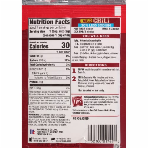 McCormick 30% Less Sodium Chili Mild Seasoning Mix Perspective: back