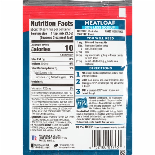 McCormick 30% Less Sodium Meat Loaf Seasoning Mix Perspective: back