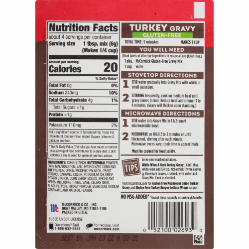 McCormick Gluten Free Turkey Gravy Mix Perspective: back