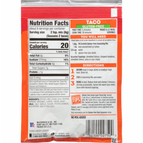 McCormick Gluten Free Taco Seasoning Mix Perspective: back