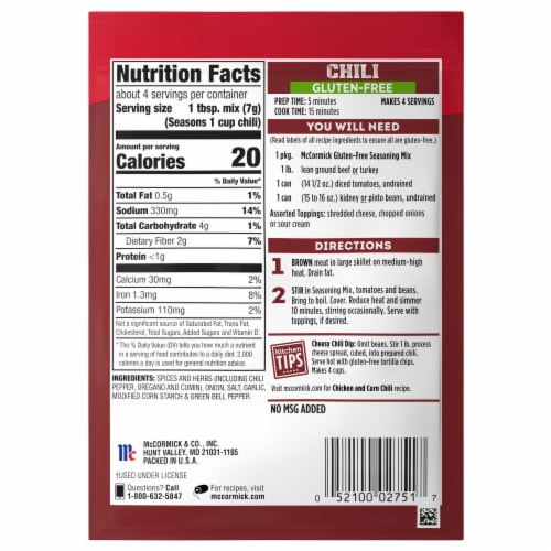 McCormick Gluten Free Chili Seasoning Mix Perspective: back