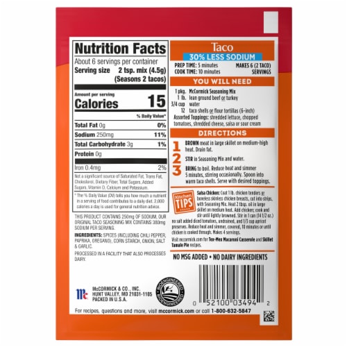 McCormick 30% Less Sodium Taco Seasoning Mix Perspective: back