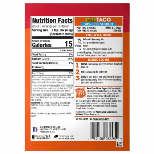 McCormick® Reduced Sodium Mild Taco Seasoning Mix Perspective: back
