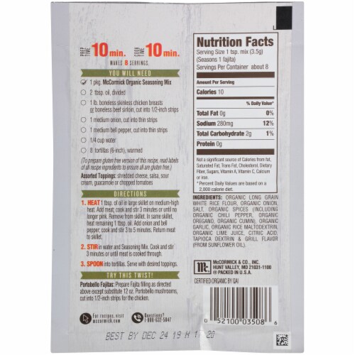 McCormick Non GMO Gluten Free Organics Fajita Seasoning Mix 1 oz Mariano s