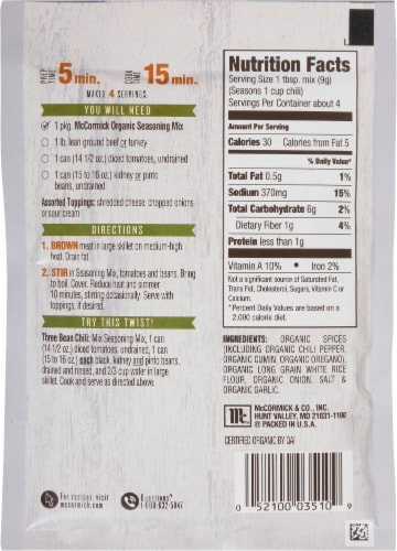McCormick® Organic Non GMO Gluten Free Chili Seasoning Mix Perspective: back