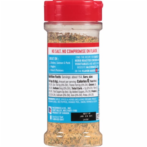McCormick Salt Free Garlic and Herb Seasoning Perspective: back
