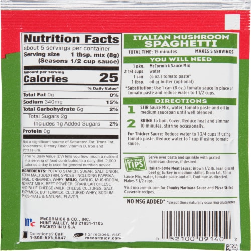 McCormick Italian Mushroom Spaghetti Sauce Seasoning Mix Perspective: back