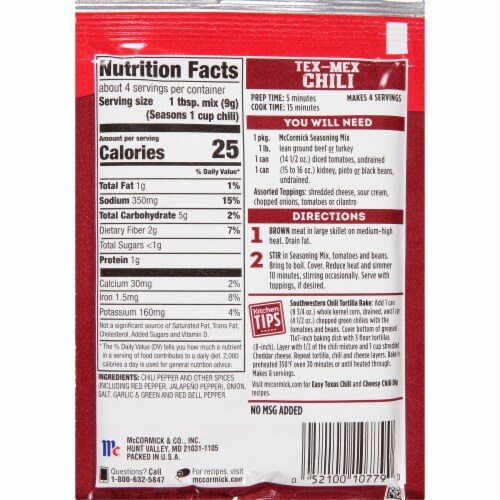 McCormick Tex-Mex Chili Seasoning Mix Perspective: back