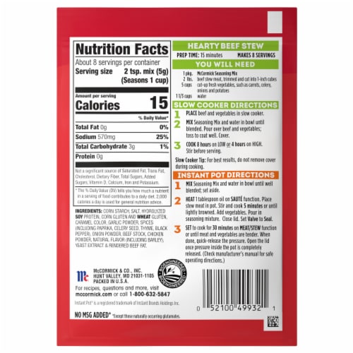 McCormick Slow Cooker Hearty Beef Stew Seasoning Mix Perspective: back