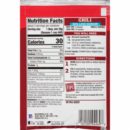 McCormick Less Sodium Chili Seasoning Mix Perspective: back