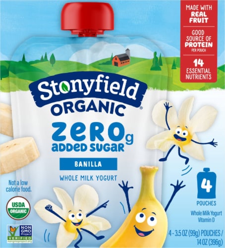 Stonyfield Organic Kids Zero Grams Added Sugar Banilla Whole Milk Yogurt, 3.5 oz Pouches, 4 ct Pack Perspective: back
