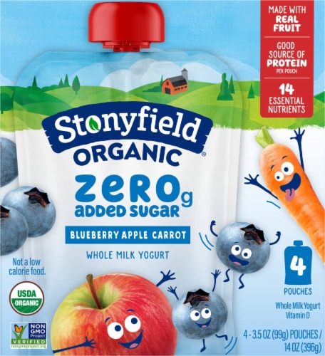 Stonyfield Organic Kids Zero G Added Sugar Whole Milk Yogurt Pouches, Blueberry Apple Carrot Perspective: back