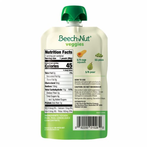 Beech-Nut® Veggies Stage 2 Squash Peas & Pears Baby Food Pouch Perspective: back