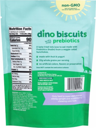 Beech-Nut® Prebiotic Dino Biscuits Stage 4 Blueberry Yogurt Toddler Biscuits Snack Bag Perspective: back