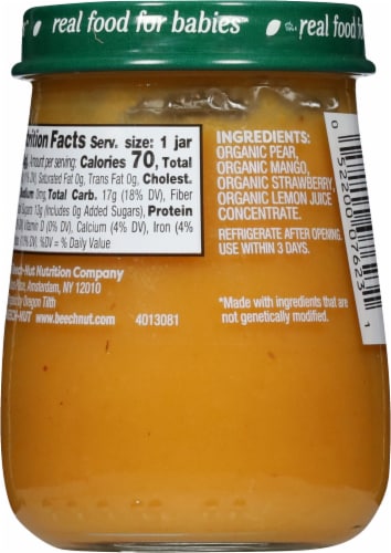 Beech-Nut® Pear Mango & Strawberry Organic Stage 2 Baby Food Jar Perspective: back
