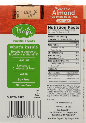 Pacific Organic Vanilla Almond Beverage Perspective: back