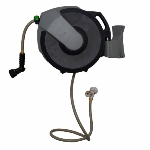 EarthWay Products 50 Foot Hose w/ Nozzle, Retractable Storage Drum, & Wall Mount Perspective: back