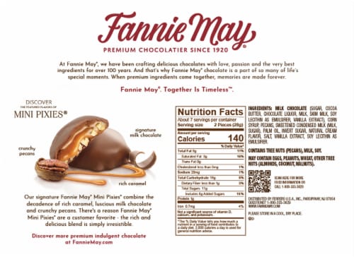 Fannie May Mini Pixies Milk Chocolate Caramel & Pecans Candy Box Perspective: back