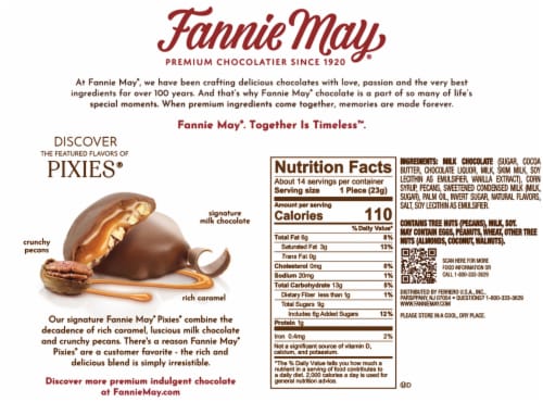 Fannie May Milk Chocolate Pixies with Caramel & Pecans Candy Box Perspective: back