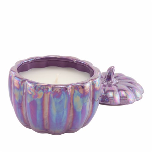 Northern Lights Candles Pearlescent Ceramic Purple Pumpkin Candle Perspective: back