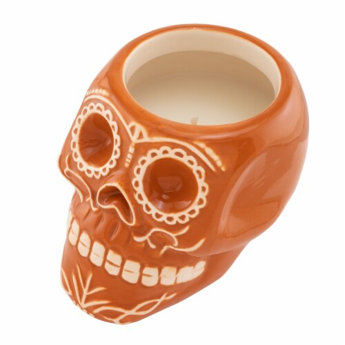 Northern Lights Candles Day of the Dead Sugar Orange Skull Candle - Dia de los Muertos Perspective: back