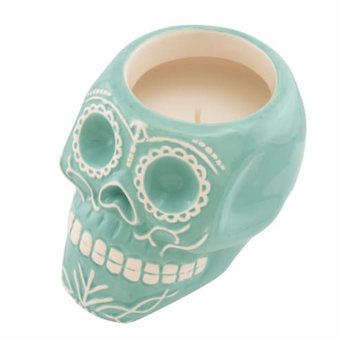 Northern Lights Candles Day of the Dead Sugar Teal Skull Candle - Dia de los Muertos Perspective: back