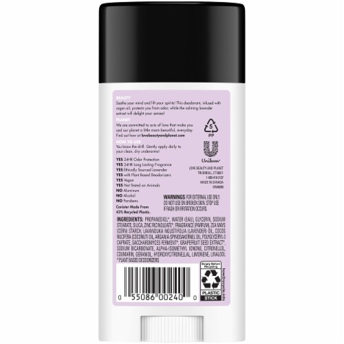 Love Beauty and Planet Aluminum-Free Argan Oil & Lavender Vegan Deodorant Stick Perspective: back