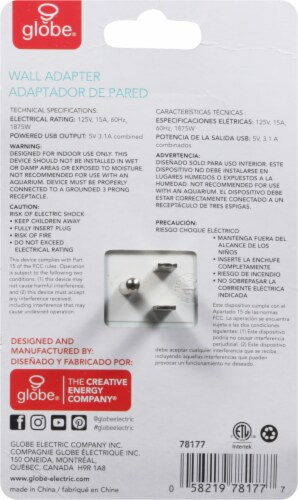 Globe® Fast Charging USB Wall Adapter Perspective: back
